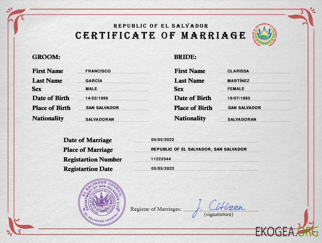 Modèle PSD de certificat de mariage au Salvador